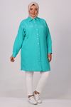38077 Large Size Stone Printed Low-Sleeve Linen Shirt - Water green