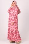 32024 Plus Size Hemline Frilly Crepe Dress -Leaf Pattern Pink