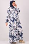 32024 Plus Size Hemline Frilly Crepe Dress -Floral Pattern Navy Blue