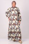 32024 Plus Size Hemline Frilly Crepe Dress -Flower Pattern Coffee