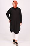 38085 Large Size Linen Shirt with Concealed Buttons - Black