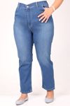 9185-1 Büyük Beden Boru Paça Taşlı Tırnaklı Kot Pantolon - Mavi