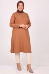 38015 Plus Size Button Detailed Combed Cotton Tunic - Brown