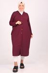 33038 Large Size Buttoned Mina Long Jacket - Plum