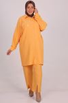 37036 Large Size Linen Airobin Stone Printed Trousers Suit -Yellow