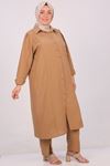 37038 Large Size Linen Airobin Button Detailed Trousers Suit -Brown