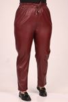 39039 Large Size Leather Trousers with Elastic Waist - Claret Red