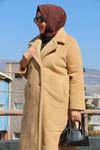 33059 Large Size Button Detailed Felt Coat-Mustard