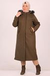 33070 Large Size Buttoned Removable Hooded Cashmere Coat-Khaki