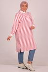 38175 Plus Size Striped High Collar Two Thread Tunic-Pink