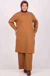 37103 Large Size Honeycomb Textured Leather Detailed Knitwear Suit-Tan