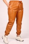 39051 Large Size Leather Trousers with Elastic Legs-Tan