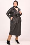 33109 Plus Size Raised Leather Blazer Trench Coat-Black