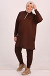 37046 Large Size Zippered Crystal Two Thread Tracksuit Set-Brown