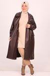 33113 Large Size Rose Gold Leather Long Blazer Jacket-Chocolate