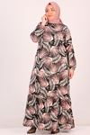 42007 Büyük Beden Eteği Fırfırlı Kristal Elbise-Palmiye Desen Pembe