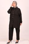 47002 Large Size Drawstring Detailed Linen Airobin Trousers Suit-Black