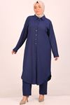 37013 Large Size Buttoned Suit with Wrinkled Trousers-Navy Blue