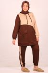 47014 Large Size Garnished Two Thread Crystal Tracksuit Set-Brown