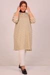 48016 Plus Size Low Sleeve Striped Basic Tunic-Beige Brown