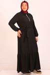 42009 Büyük Beden Bürümcük Kemerli Elbise-Siyah