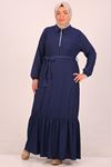 42009 Büyük Beden Bürümcük Kemerli Elbise-Lacivert