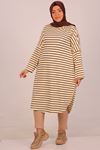 48015 Plus Size Low Sleeve Striped Long Tunic-Beige Brown