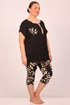 47801-Large Size Short Pajama Set with Pockets - Black with Leaf Pattern