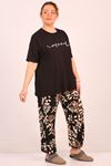 47804 Plus Size Front-Front Short Sleeve Pajama Set - Leaf Pattern Black