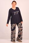 47802 Plus Size Front Long Sleeve Pajama Set - Leaf Patterned Navy Blue