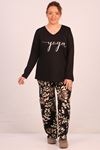47802 Plus Size Front Long Sleeve Pajama Set - Patterned Black