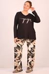 47802 Plus Size Front Long Sleeve Pajama Set - Black with Leaf Pattern