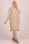 48017 Plus Size Hooded Striped Tunic-Beige Brown
