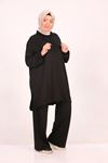 47023 Large Size Ribbed Crystal Two Thread Tracksuit Set-Black