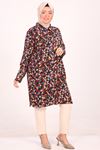 48024 Large Size Patterned Low Sleeve Wrap Shirt-Black Blue Floral