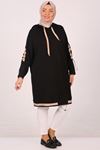 48013 Plus Size Low Sleeve Crystal Two Thread Tunic-Black