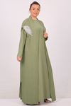 47203 Large Size Stone Detailed Wrinkled Vest-Dress Set-Khaki