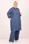 47011 Large Size Lyocell Suit with Elastic Sleeves and Trousers-Blue
