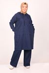 47011 Large Size Lyocell Suit with Elastic Sleeves and Trousers-Navy Blue