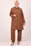 37035 Large Size Buttoned Linen Airobin Trousers Suit-Brown