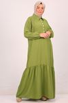 42015 Büyük Beden Şık Düğmeli Keten Airobin Elbise-Yağ Yeşili