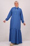 42015 Plus Size Stylish Buttoned Linen Airobin Dress-İndigo