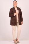 43021 Large Size Woven Fabric Short Jacket with Detachable Brooch -Brown