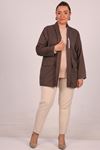 43021 Large Size Woven Fabric Short Jacket with Detachable Brooch -Striped Brown
