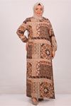 42016 Plus Size Belmando Dress with Elastic Sleeves - Ethnic Pattern Brown
