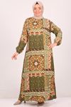 42016 Büyük Beden Belmando Kolu Lastikli Elbise -Etnik Desen Yağ Yeşili