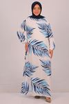 42016 Büyük Beden Belmando Kolu Lastikli Elbise -Beyaz Mavi Yapraklı