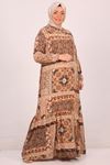 42017 Plus Size Belmando Dress with Frilly Skirt -Ethnic Pattern Brown