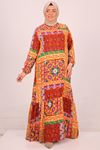 42017 Büyük Beden Eteği Fırfırlı Belmando Elbise -Etnik Desen Oranj