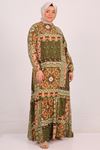 42017 Büyük Beden Eteği Fırfırlı Belmando Elbise -Etnik Desen Yağ Yeşili